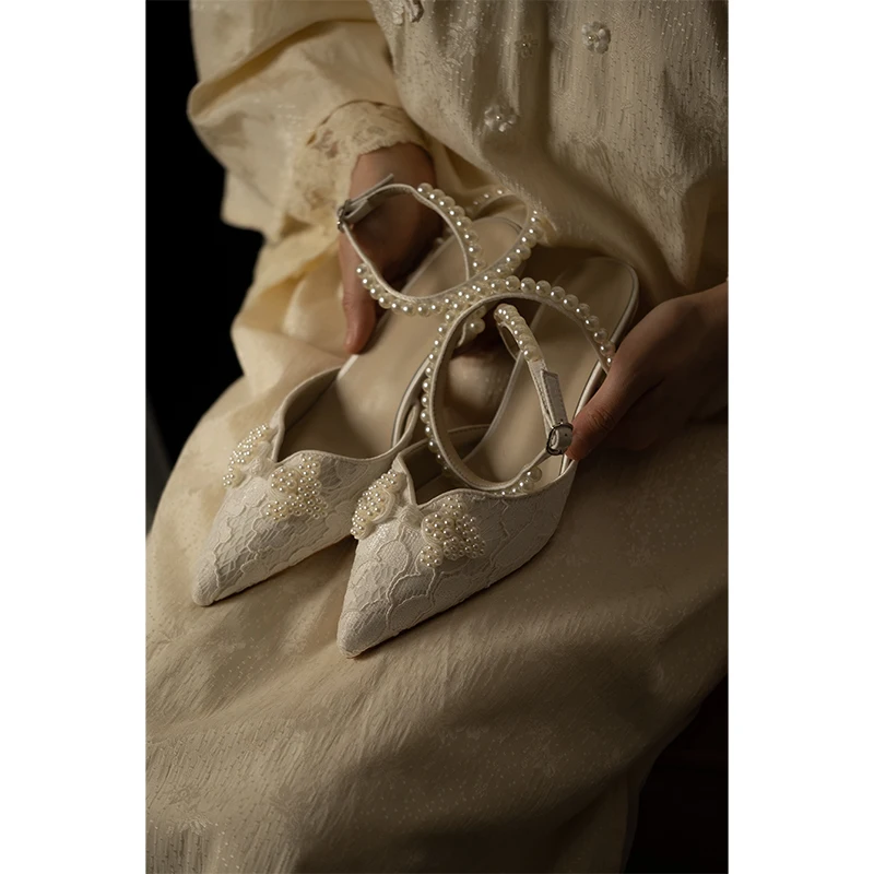 

Spring lace pearl pointed white stiletto high heel bridal wedding shoes banquet dress all-match low-heeled women's single shoes