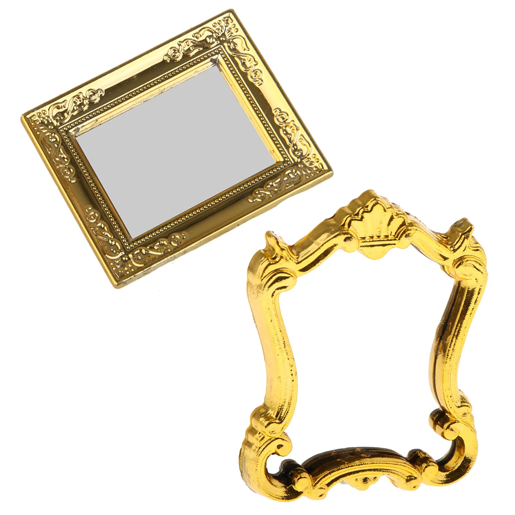 2pcs 1:12 Dollhouse Miniature Golden Mirror Rahmen for Bedroom Dresser or Bathroom Wall Decor Accessories, Mini Household Items