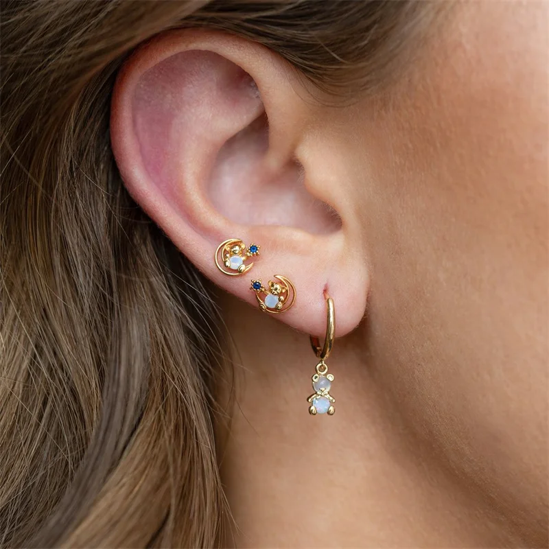 MC Gold Color Planet&ampMoon Diamond Stud Earrings For Women INS 1pair Plated Bear Copper Alloy Piercing | Украшения и аксессуары