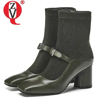 

ZVQ bowtie ankle boots autumn Square toe high heels women's shoes fashion green wine red black genuine cow leather booties