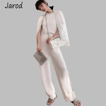 

Women Casual Pant Set 2019 Autumn Ladies V Neck single-breasted coat +short sleeve tops+wide-leg Pants Suit Knitted 3 piece set