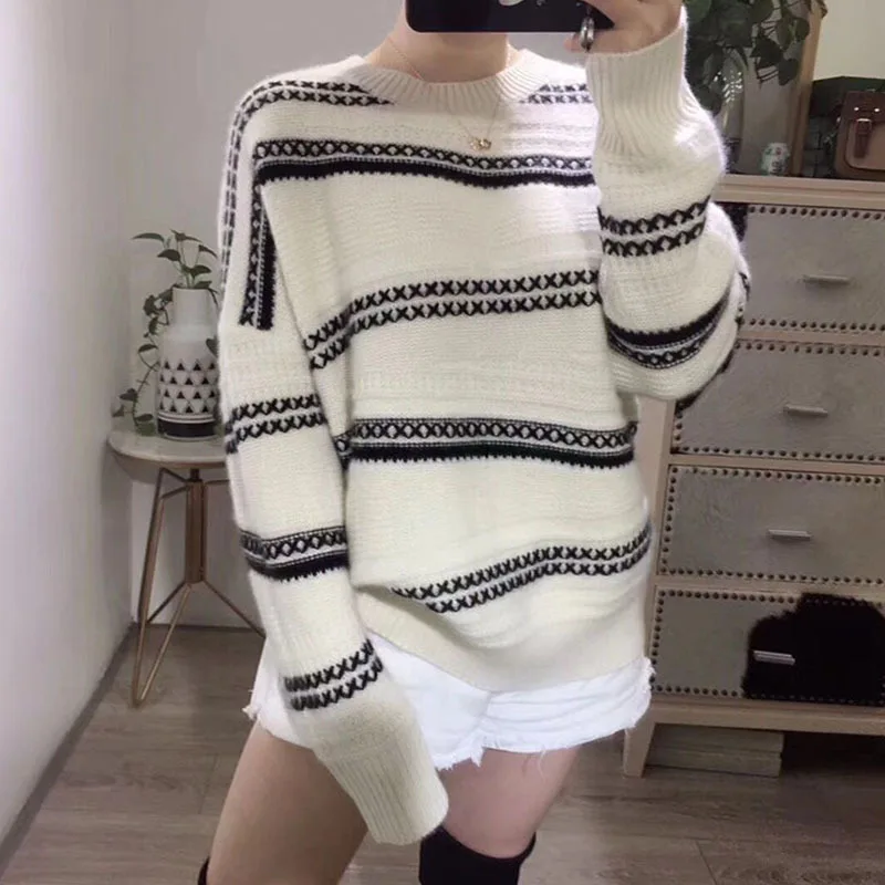 

Sweater Lazy Version of Pure Woolen Sweater Black and White Road Thickened Autumn Velvet Outside 2019 Pullovers Women Sweater