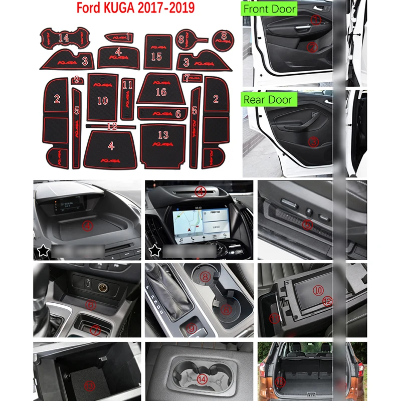 Противоскользящая резиновая подушка для двери для Ford KUGA Escape MK2 подтяжка лица C520~ красный желобчатый коврик аксессуары для салона автомобиля