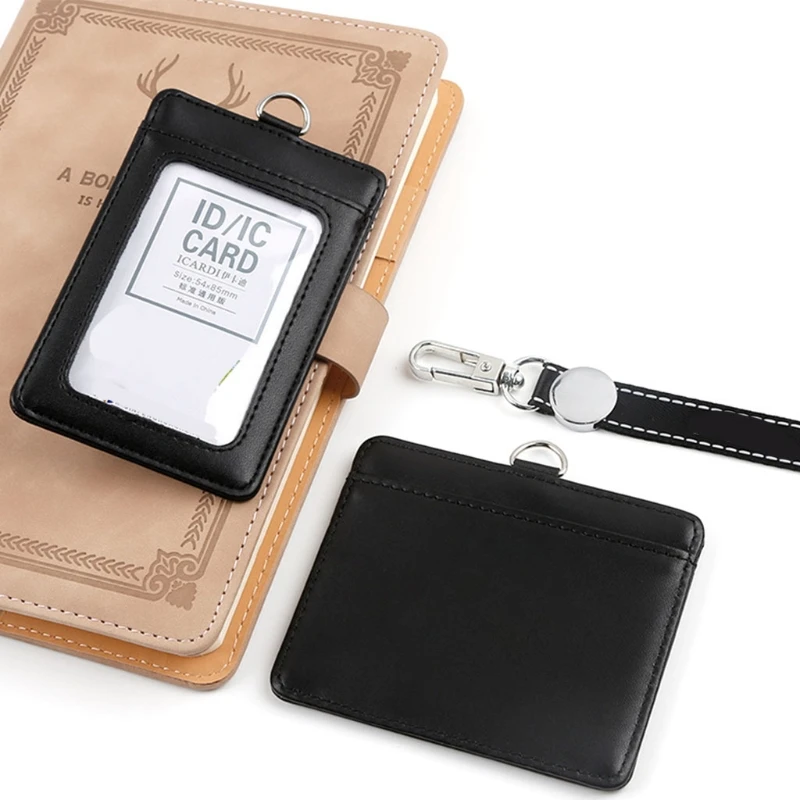 ID Card Holder 1Pc Badge PU Leather Wallet with Neck Lanyard 2-Sided Pocket