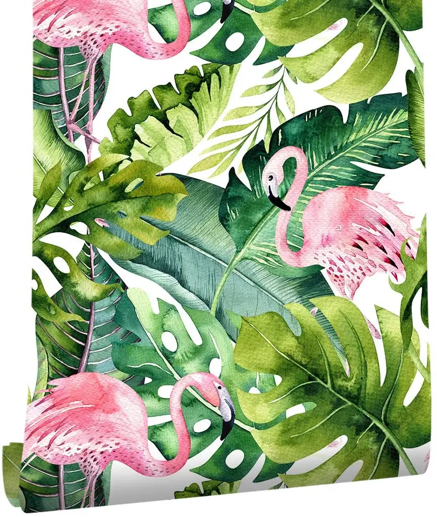 

LUCKYYJ Flamingo Palm Tree Peel and Stick Wallpaper Removable Green/Pink Vinyl Self Adhesive Decorative Contact paper