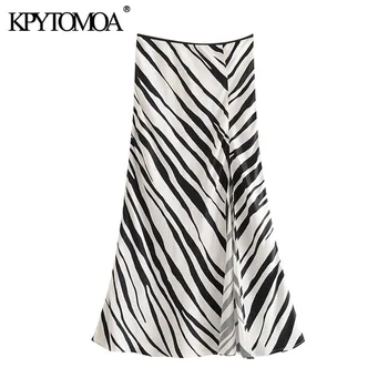 

KPYTOMOA Women 2020 Chic Fashion Animal Print Midi Skirt Vintage High Elastic Waist Front Vents Female Skirts Faldas Mujer