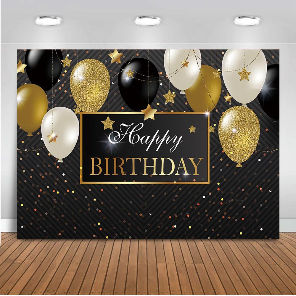 SZZWY 7x7ft Happy Birthday Backdrop for Women Glitter Stars Black and Golden Balloons Ribbon Birthday Party Background for Photography Girls Adults Portrait Vinyl Wallpaper