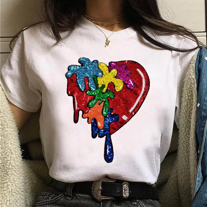 

2020 new brand spring summer fashion loose rad lips sexy tee shirt sequins letter red heart T-shirt Girl tee leisure top code