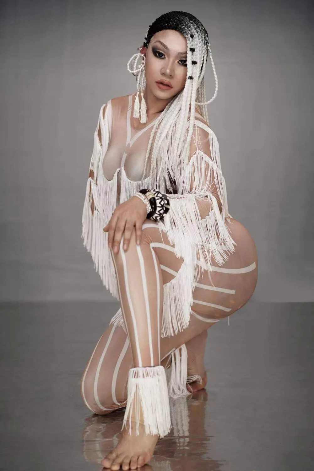

2019 White Fringes Sexy Jumpsuit Women Singer Stage Tassel Bodysuit Bar DS Dance Cosplay Bodysuit Costume Prom Clothes