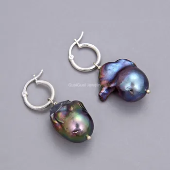 

GG Jewelry 22MM Black Reborn Keshi Baroque Freshwater Pearl Earrings 925 Silver lever back