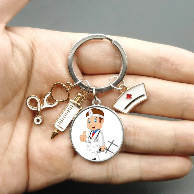 Paint Fashion Creative Nurse Medical Syringe Stethoscope Image Keychain Glass Suitable for Nurses and Doctors Key Ring Pendant Gift key chains,key rings