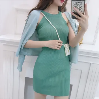 

female girls 2019 summer's solid color all-around Halter knitted bag hip mini one piece dress women slim off shoulder tight dres