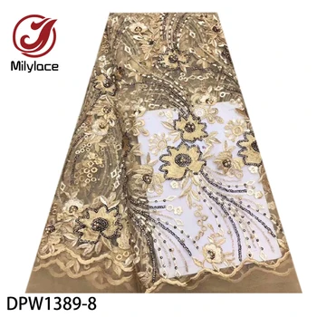 

Milylace beautiful French lace fabrics 5 yards floral embroideried tulle lace fabric with beads and sequins for wedding DPW1389