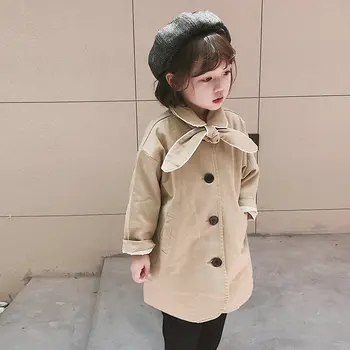

Cute Bowknot Collar Baby Girls Windbreaker Khaki Jacket Long Style Trench Outerwear Little Girl Trench Coat Children's Clothing
