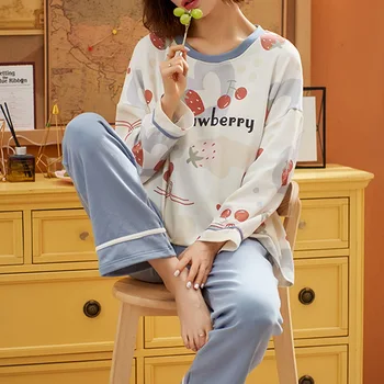 

Women Print Pajamas Set Two Pieces Set Long Sleeve Round Neck Top Loose Elastic Waist Pants Women Homewear Soft T Shirt+pants