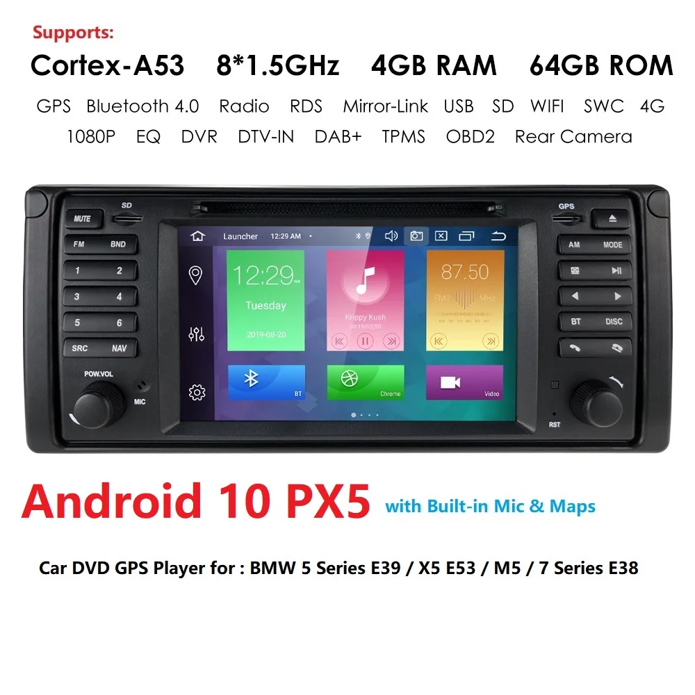 Автомагнитола для BMW E39 E53 X5 2002 2006 2007 7 дюймов IPS 4 Гб + 64 ГБ 1 Din Android 10 GPS Wi Fi 4G Bluetooth
