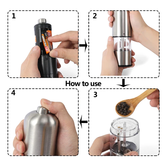 2 Pcs Stainless Steel Electric Salt and Pepper Mill Set Automatic Herb Spice Grinder Adjustable Coarseness Gifts Kitchen Gadget 3