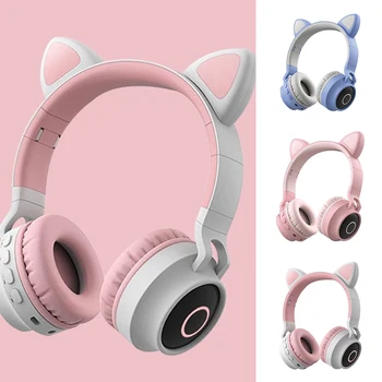 

SOONHUA Cute Cat Ear Bluetooth 5.0 Headphones Foldable On-Ear Stereo Wireless Headset with Mic LED Light FM birthday gift