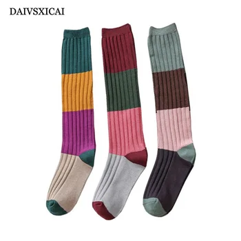 

1Pairs/lot=2Pieces College Wind Over The Knee Long Tube Socks Fashion Female Double Needle Color Matching Ladies Cotton Socks