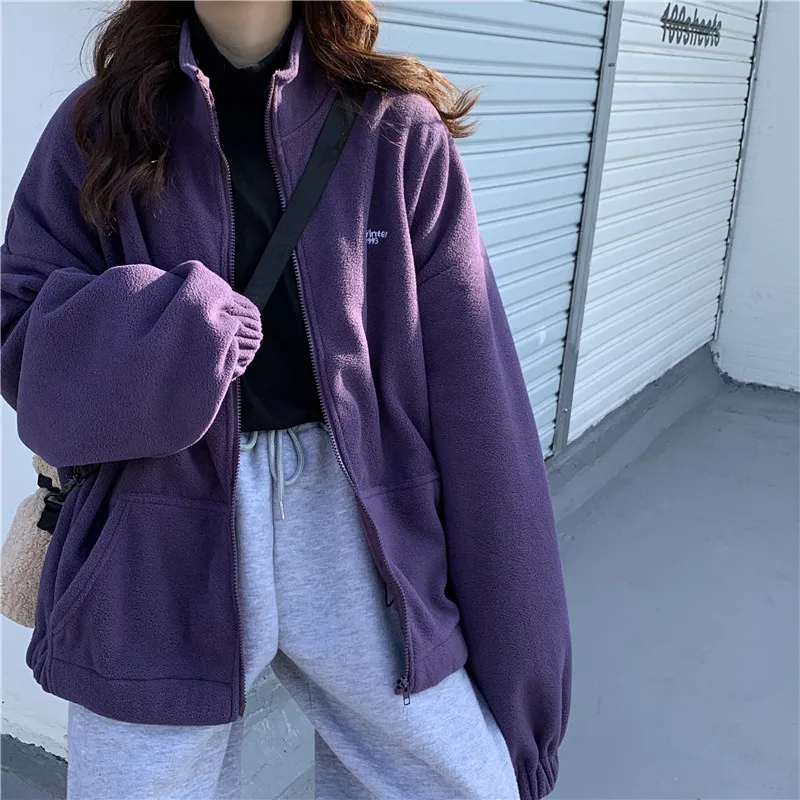 Women Plus Fleece Hoodies Autumn Streetwear Zip-up Oversize Sweatshirt Jacket Trendy Solid Pocket Turn-down Collar Women Outwear