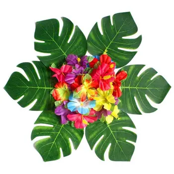 

30pcs Artificial Tropical Palm Leaves & 24 pcs Hibiscus Flower Hawaiian Jungle Beach Theme Family Garden Wedding Party Table Dec