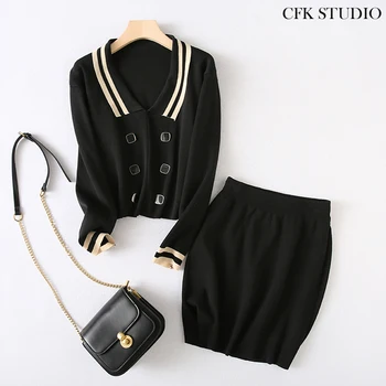 

Women Knitted Two Pc Sets Femme Elegant Long Sleeve Sweater Pullover + Knitted Miniskirt Autumn Two Pc Sets