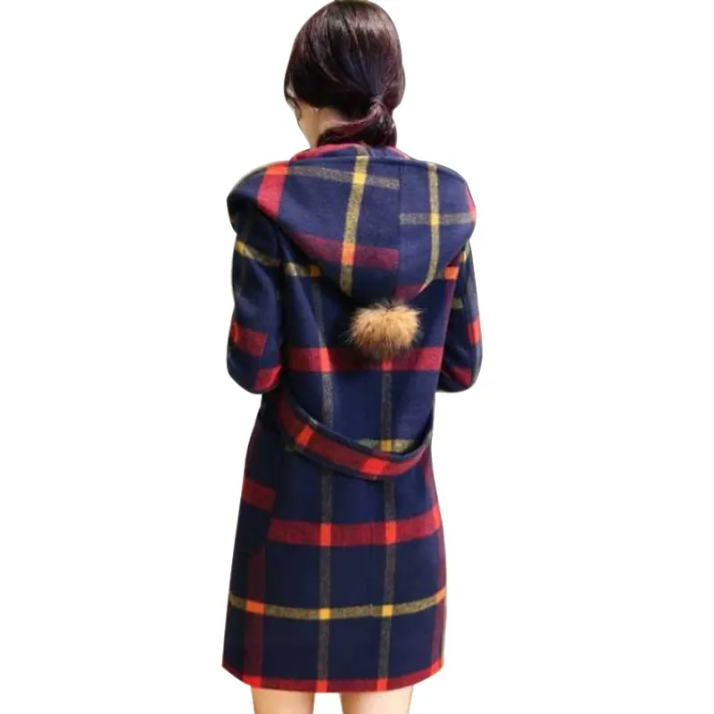 Пальто в британском студенческом стиле в клетку Inha с капюшоном, шерстяное пальто средней длины, клетчатое пальто для женщин M-2XL