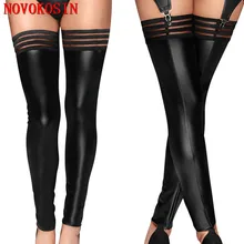 XX143 новые модные сексуальные высокие гольфы из искусственной кожи в полоску дизайн Гольфы чулочно-носочные изделия из искусственной кожи без подвязки