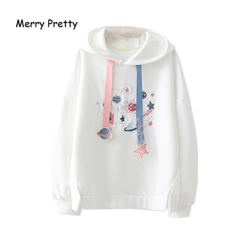 MERRY PRETTY женские белые толстовки с вышивкой мультяшной планеты, Повседневный пуловер, новинка, милый стиль, свободный спортивный костюм для девочек