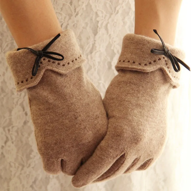 

Winter Women Warm Cashmere Wool Fashion Elegant Female Wool Touch Screen Gloves Full Finger Leather Bow Dotted embroidery Gloves