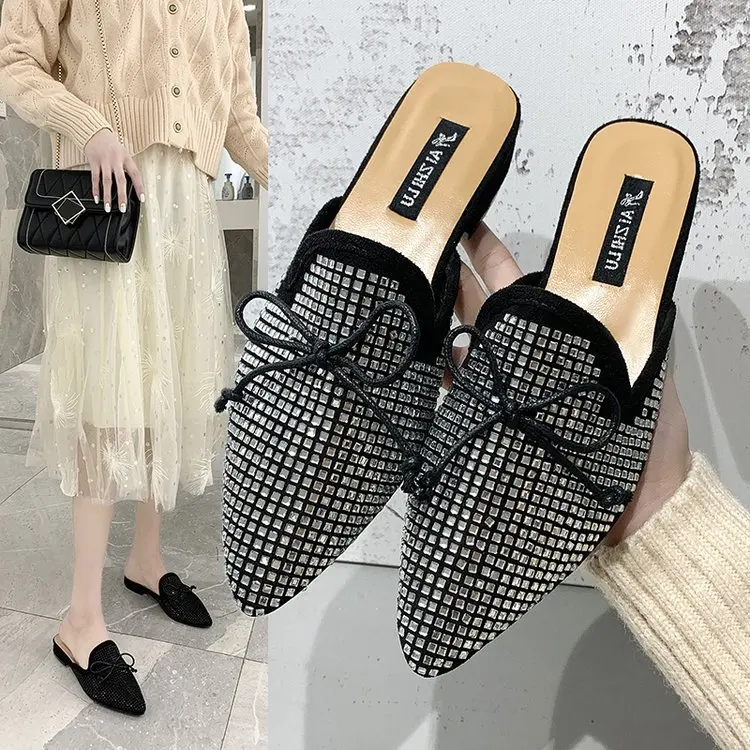 

2020 Spring New Style Western Style WOMEN'S Shoes Fashion Bow Man-made Diamond Pointed-Toe Slipper Outer Wear Versatile Flat San