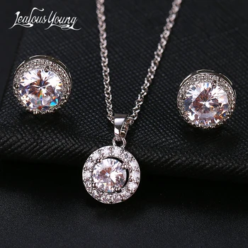2020 Fashion Luxury Round Zircon Women Jewelry Sets with Silver Color Crystal Earrings and Necklace Weddings Set for Party