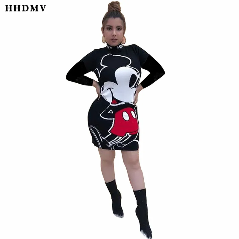 

HHDMV BM7028 street reduction of age casual style dresses long sleeve high collar mickey mouse pattern tight knee-length dress