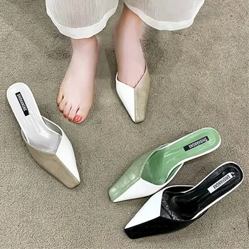 

SLHJC Slippers Women Summer Outside Wear Leather Patchwork Color Sandals Med Heels Square Toe Pumps Slip On Lady Sandals