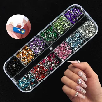 

1 Box Multi Size Glass Nail Rhinestones Mixed Colors Flat-back AB Crystal Strass 3D Charm Gems DIY Manicure Nail Art Decorations