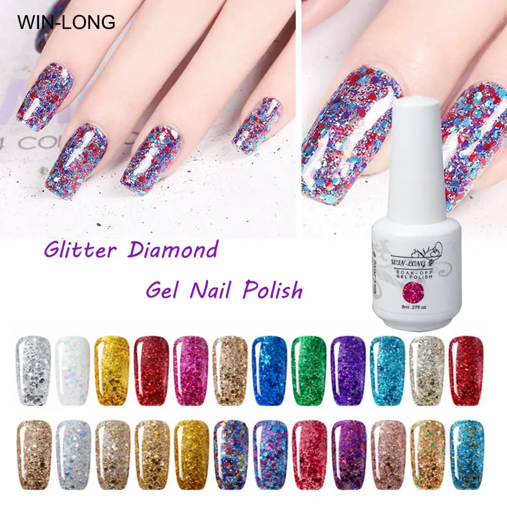 

WIN-LONG Glitter Gel Nail Polish UV Soak Off Diamond Color Gel Polish 8ML Shinny Color Nail Design Art Kit With Base Top Gel