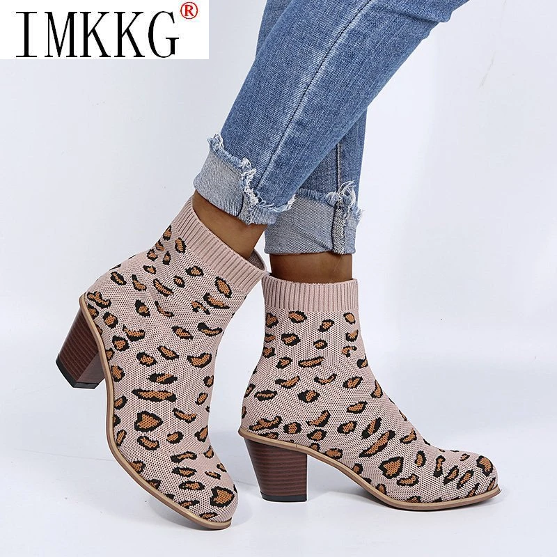 Botas De leopardo para Mujer, zapatos De calcetín verde con cuadrado, botines De otoño y primavera|Botas hasta el tobillo| - AliExpress