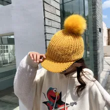 Зимняя теплая вязаная бейсболка, женские Меховые помпоны, зимние шапки в Корейском стиле, Женская одноцветная уличная Кепка, вязаная шапка