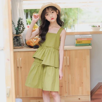 

Green Black 100% Cotton 2020 Big Girls Summer Dress Little Girl Fashion Dresses 6 7 8 9 10 11 12 14 15 16 Years Princess Dress