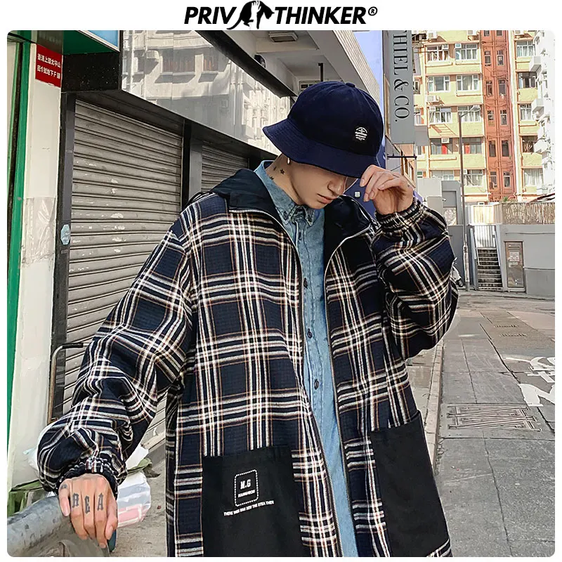 Privathinker Мужская свободная клетчатая куртка с капюшоном мужские 2020 карманы в