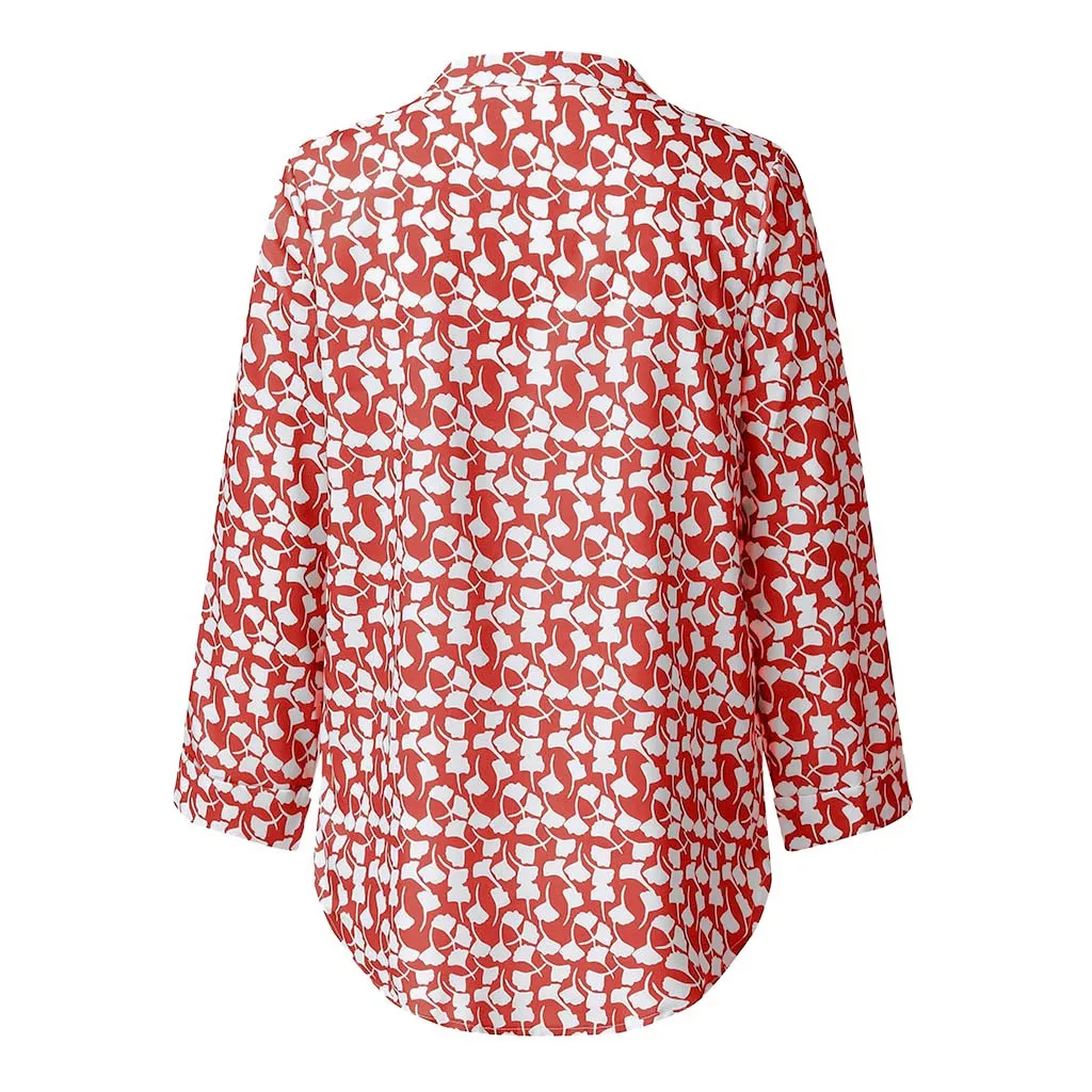 TELOTUNY Plus Size Long Sleeve Floral Printed Loose Women's Blouse V-Neck Spring Autumn Causal Fashion Tops T-Shirt 19L0723