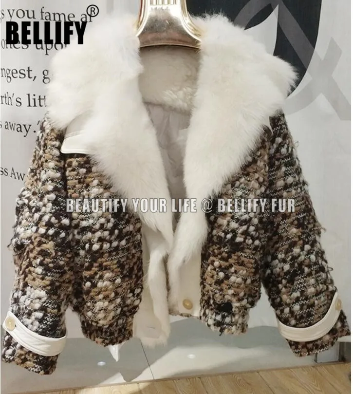 

Luxury Brand fashion tweed feather Down fashion winterBOMBER jacket With turkish Lamb fur collar