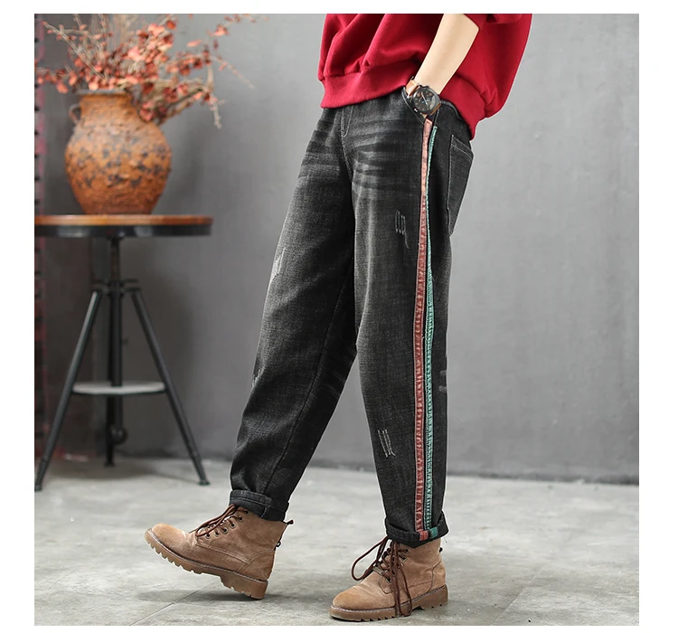 Max LuLu Fashion European Ladies Ripped Striped Jeans Womens Winter Warm Denim Trousers Oversized Black Elastic Harem Pants