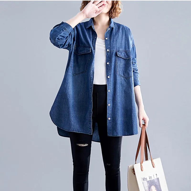 

Johnature Casual Loose Denim Jackets 2019 Autumn New Turn-down Collar Cardigan Button Irregular Women Jean Coats