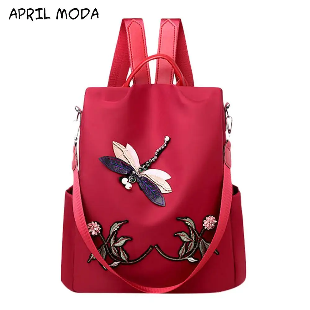 

New Waterproof Nylon Women Backpack Zipper Oxford School Bags For Girls Dragonfly Flower 3D Embroidered Backpack Female Rucksack