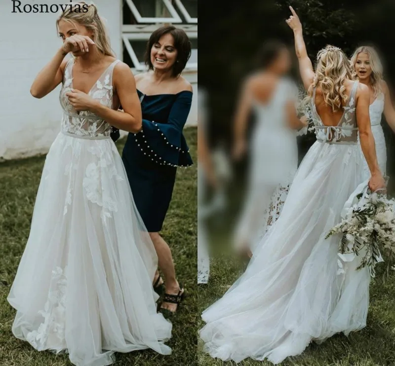 

Boho Beach Wedding Dresses 2019 V Neck Backless Sweep Train Tulle Skirts Modest Vestido De Novia Lace Bridal Gowns Custom