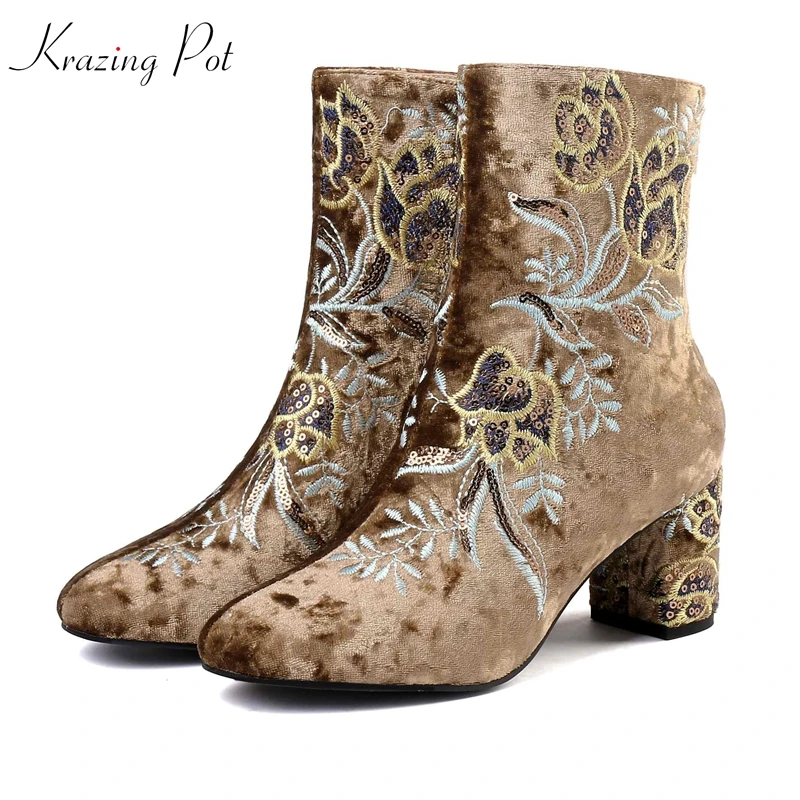 

krazing pot velvet shoes stretch flock oriental design med heels round toe gorgeous embroidery flowers winter ankle boots l2a