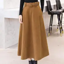 Модные женские зимние шерстяные юбки с ремнем, одноцветные винтажные шерстяные юбки, Женская Уличная Повседневная Длинная юбка, 4 цвета