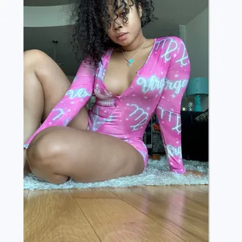 

2020 New Summer Womens Shorts Bodysuit Deep V-Neck Long Sleeve Constellation Print Slim Romper Short Pants Sleepwear Jumpsuit