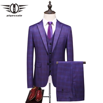

Plyesxale Slim Fit Male 3 Piece Suits Wedding Dress Men Business Casual Prom Dinner Suit Blue Khaki Purple Groomsman Tuxedo Q942